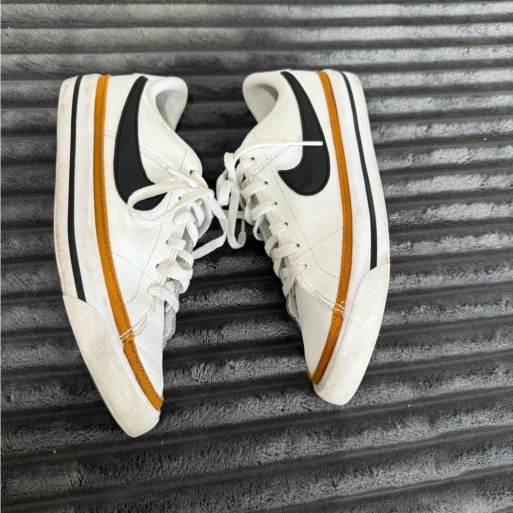 Nike Court Legacy White Leather Sneakers with Black Swoosh & Tan Accents